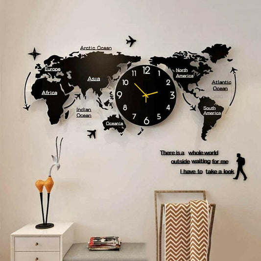 New World Map 3D Wooden Wall Clock Quartz Watch DIY Design Decoration for Home Decor Living Room | Wall Clocks | Big Size Clock | Wooden Clock | Clock for Rooms | World Map Clock | Clocks Wooden Clock for Offices and Drawing Room and for Gift Items